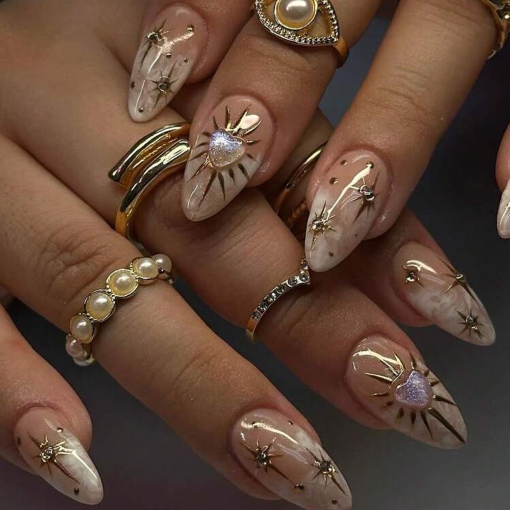 10Pcs Medium Almond Fake Nails Gold Press On Nails French Gilt And 5D